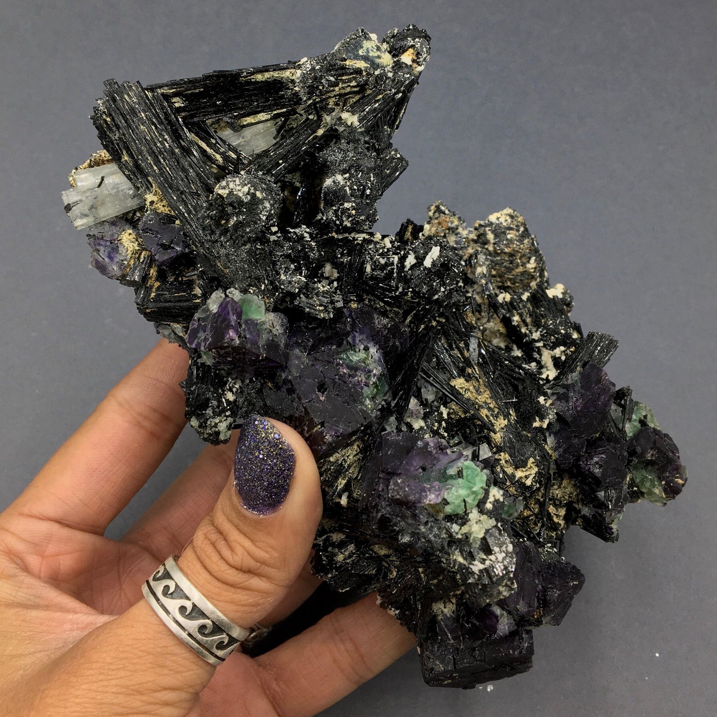 Aquamarine Beryl Purple Fluorite Green Black Schorl Tourmaline XL Top Shelf Crystal Cluster Cabinet Rocks Minerals Mineral Specimen Erongo